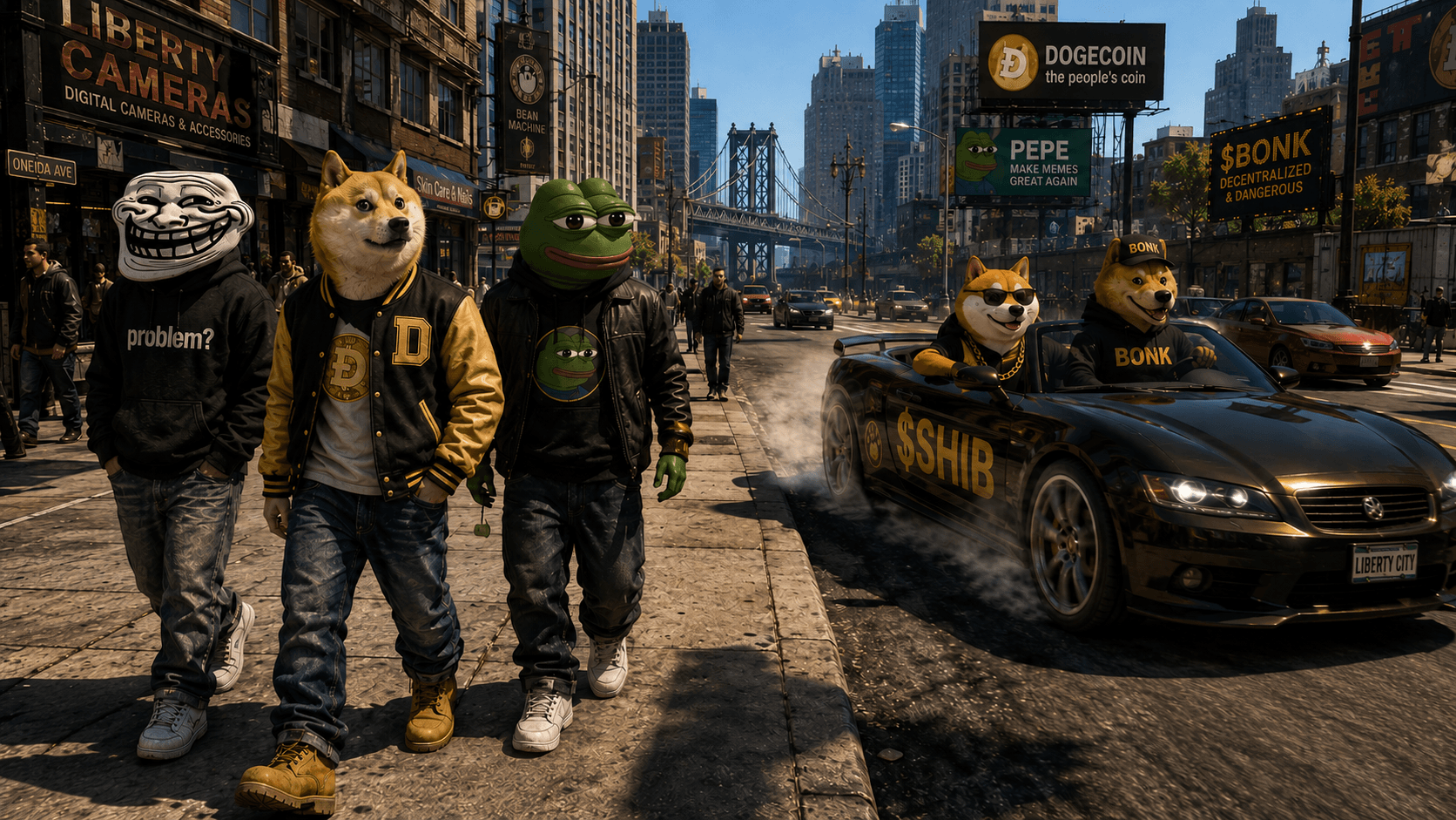 The memecoin crew — Trollface, Doge, Pepe and the Shibas — running Liberty City